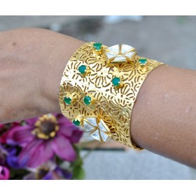 Gold Plated Cuff Bracelet Studded with Emeralds and Polki Diamonds